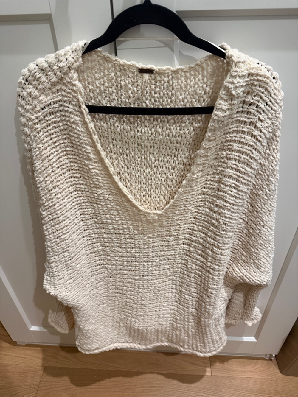 Free People Cream Open-Knit V-Neck Pullover
